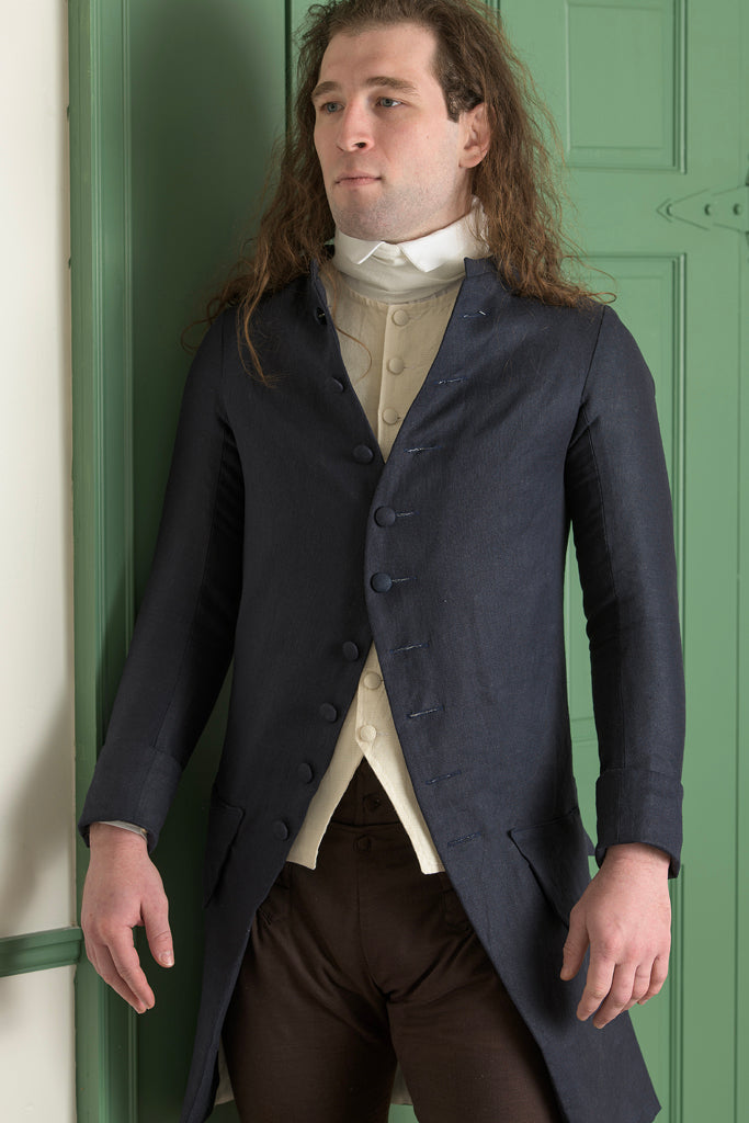 Manteau de redingote en lin des années 1770 - Col court | Marine