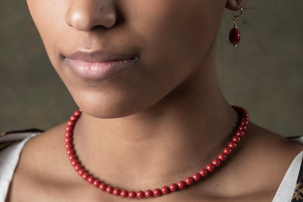 Red Coral Drop Earrings paired with Necklace from Samson Historical