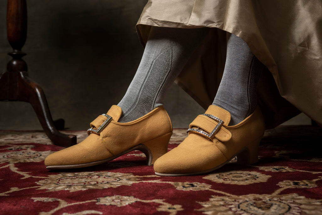 18th Century Yellow Wool Shoes - Clementinas Yellow Woolen Buckle Shoes