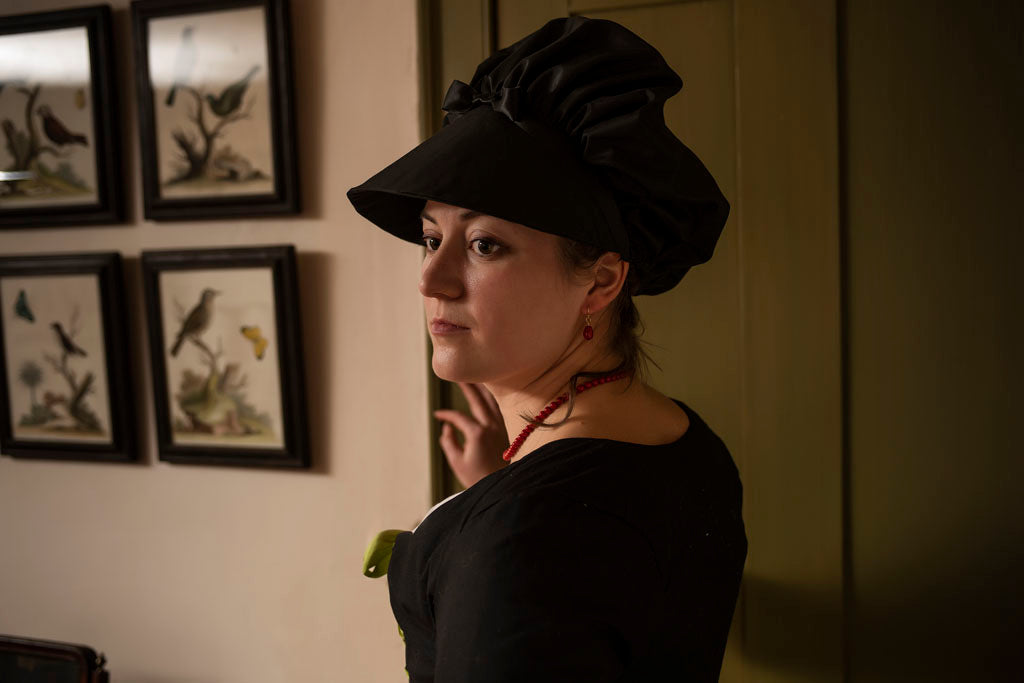 18th Century Market Bonnet in Black Silk from Samson Historical 