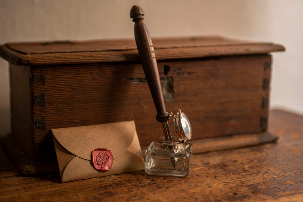 18th Century Calligraphy Writing Set - Wood Turned Pen, Inkwell, and Powdered Ink